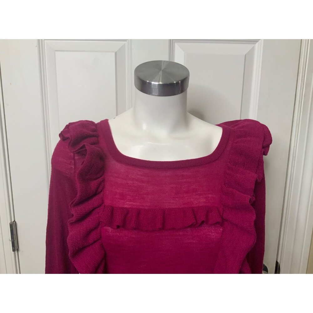Moth Anthropologie Raspberry Red Wool Ruffle Square Neck Sweater, Size M - Picture 2 of 5